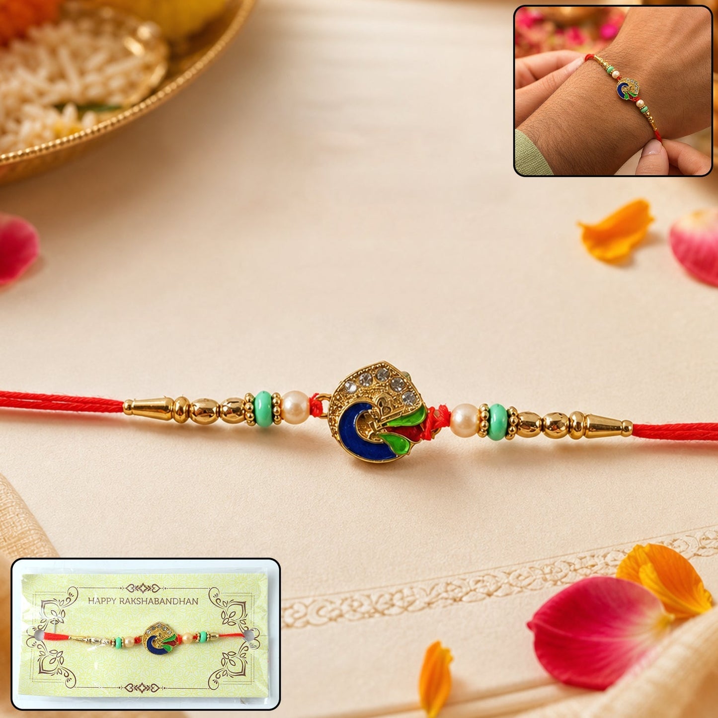 Peacock design Rakhi with pearl beads on white background