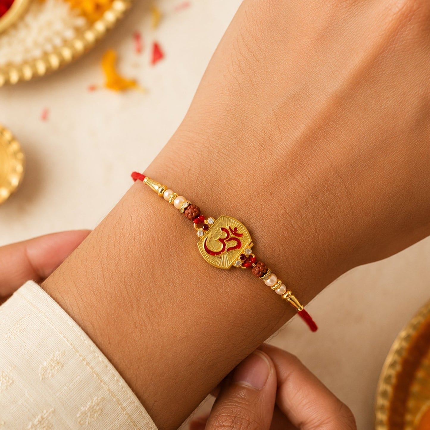 Rakhi with Rudraksha beads tied on wrist, demonstrating style and tradition