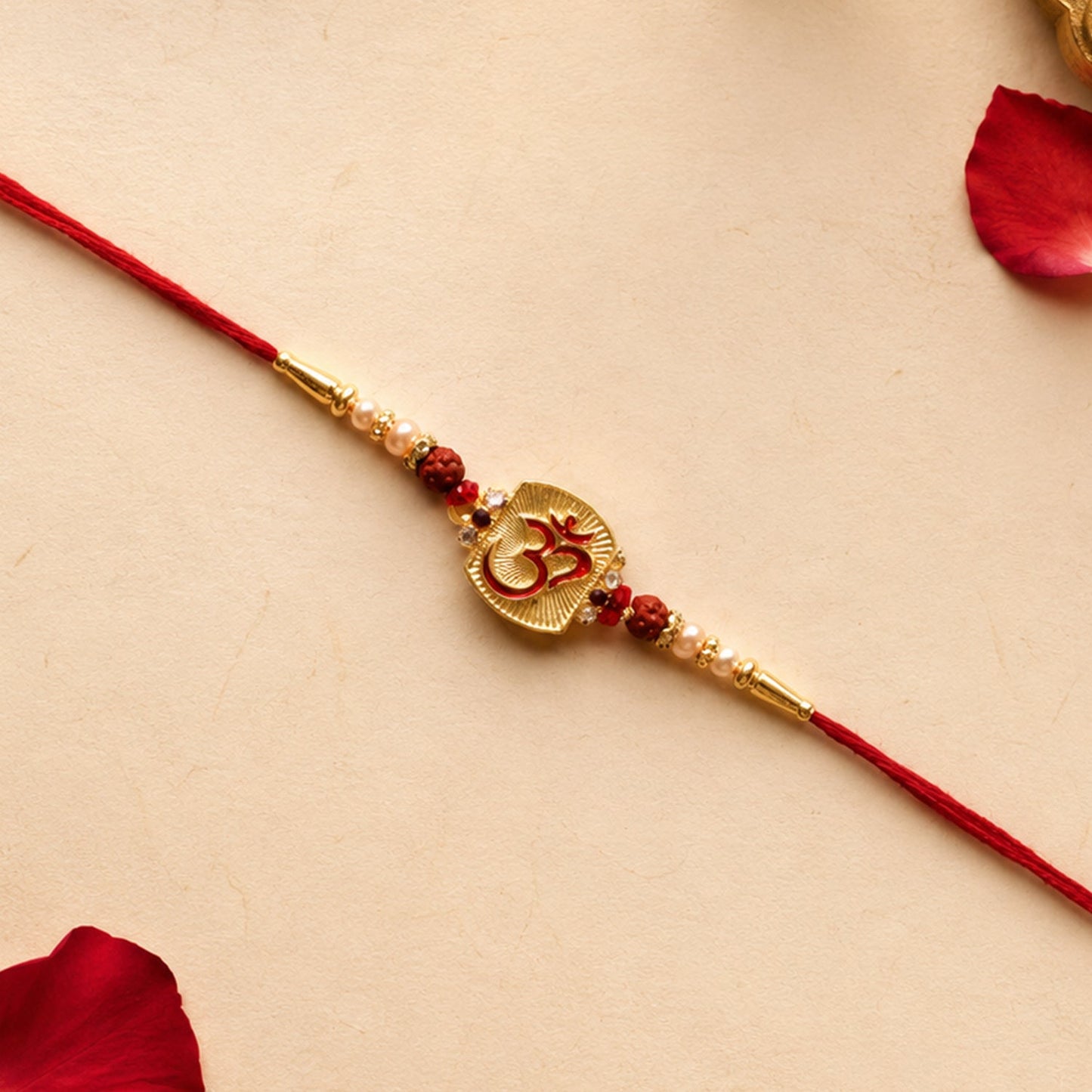 Front view of Rudraksha Beads Rakhi highlighting spiritual elements