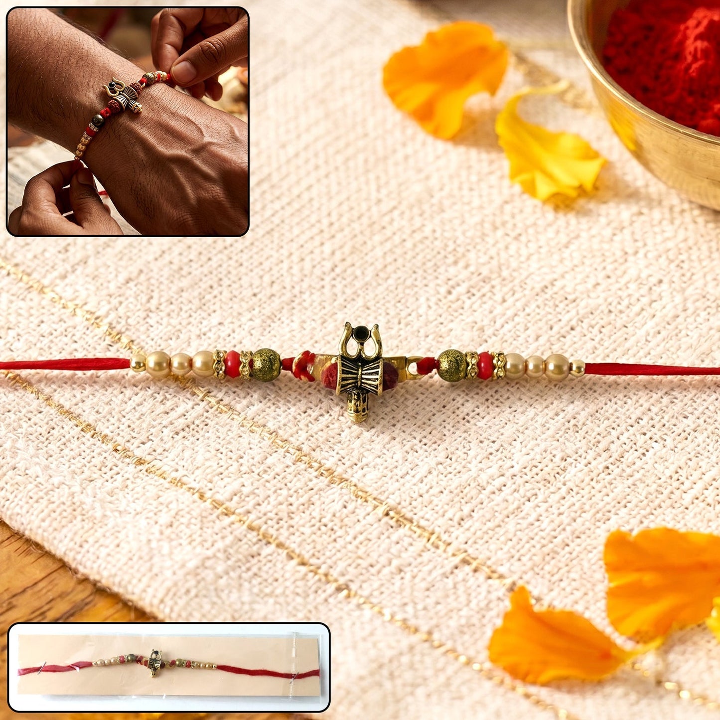 Damru Trishul designer Rakhi with beads showcase