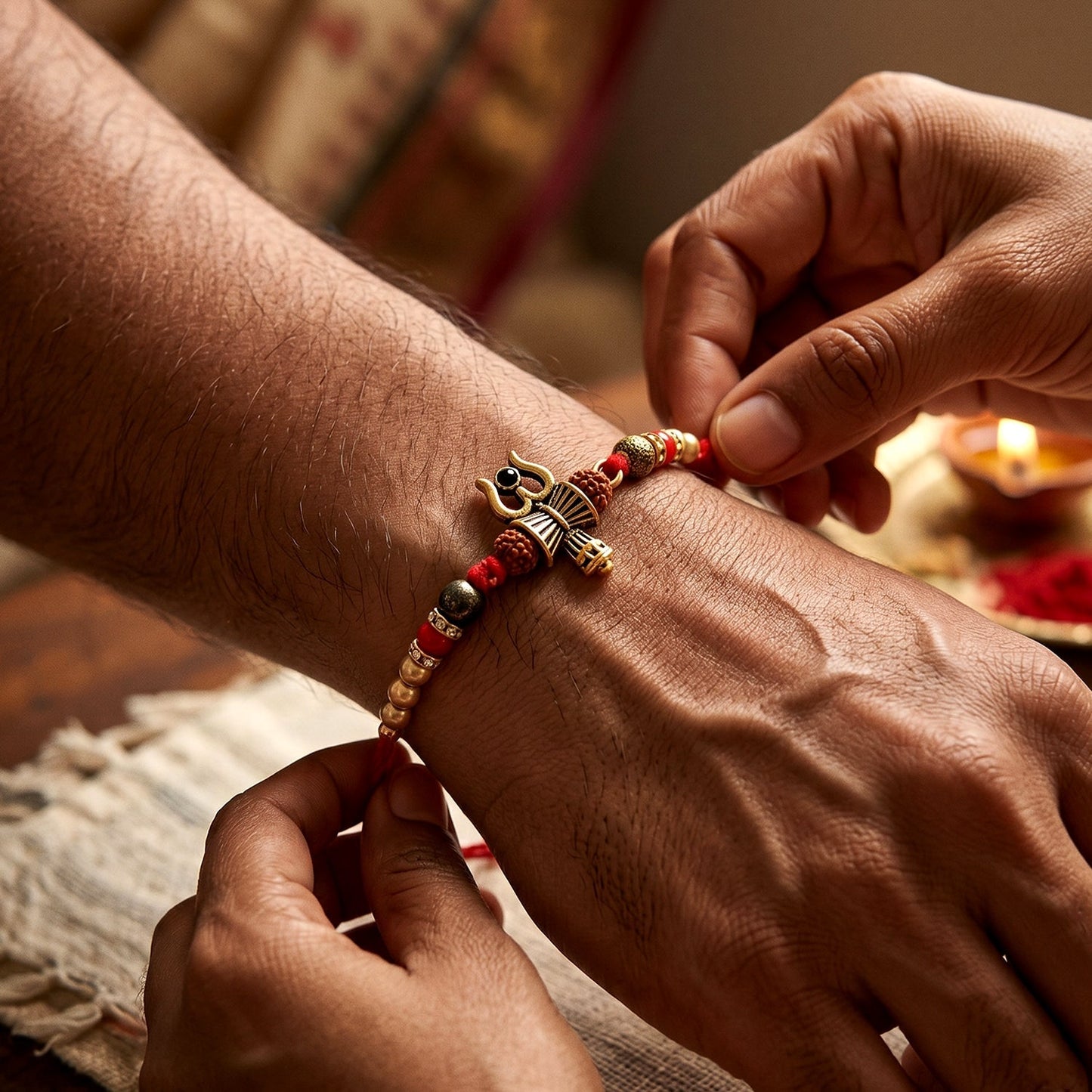 Close-up of beads on Damru Trishul Rakhi