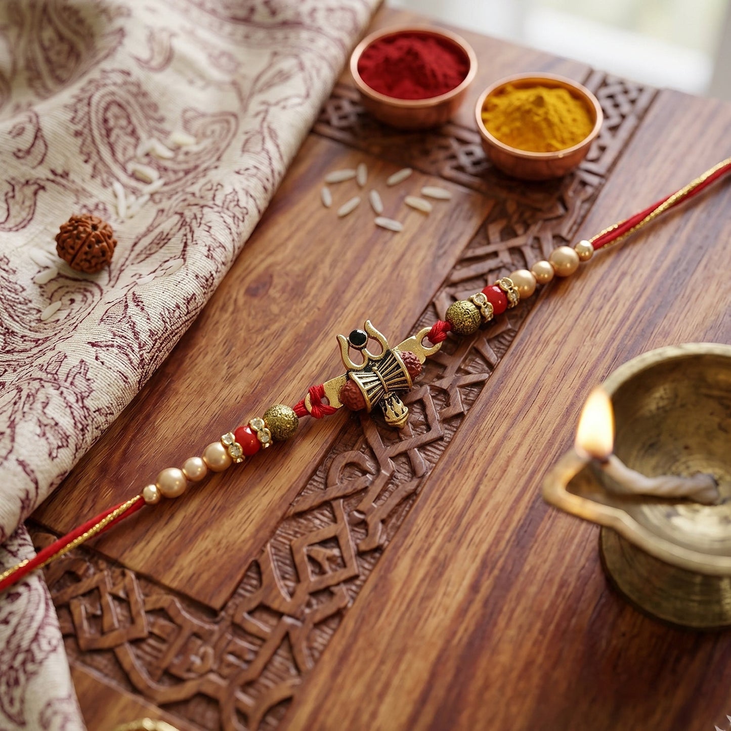 Damru Trishul Rakhi tied with threads with beads