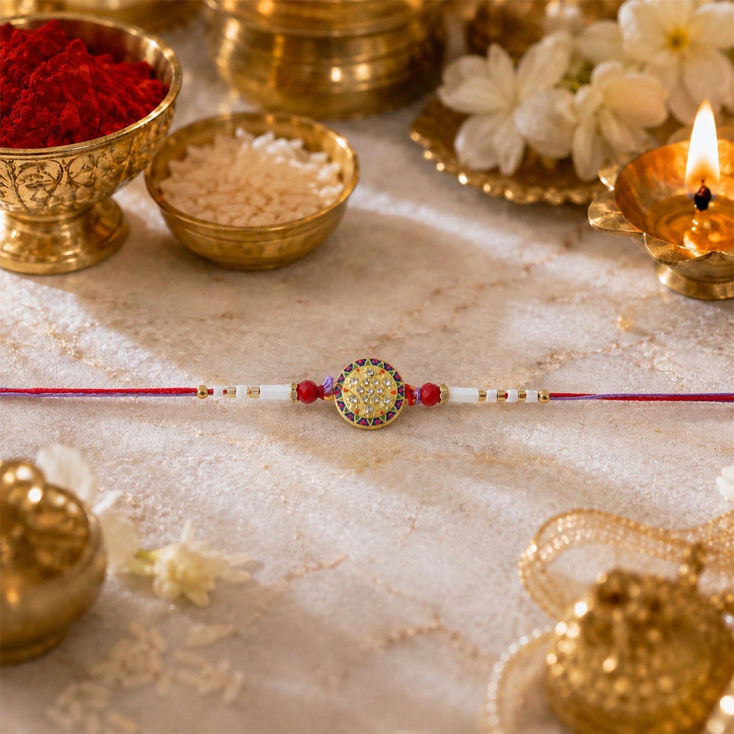 Close-up of designer Round Stone Rakhi white beads