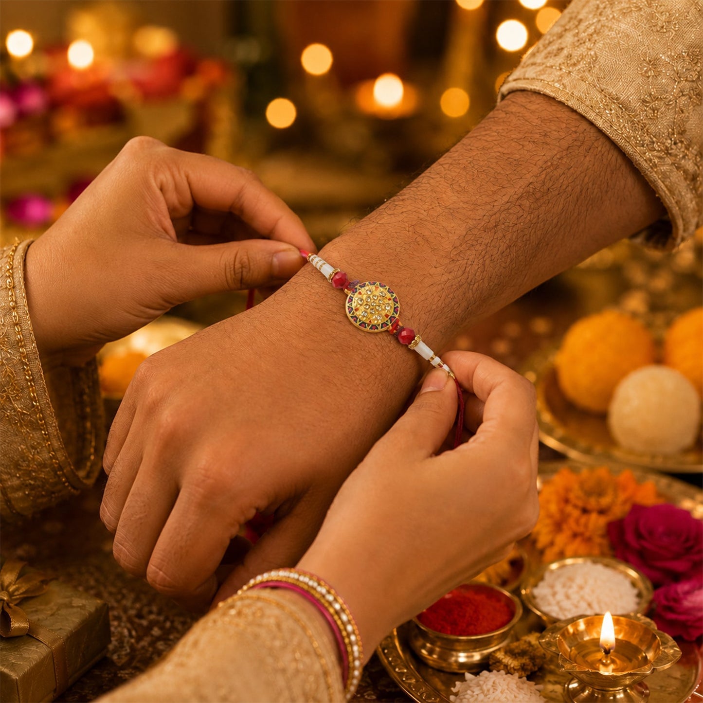 Side view of designer Round Stone Rakhi with white beads