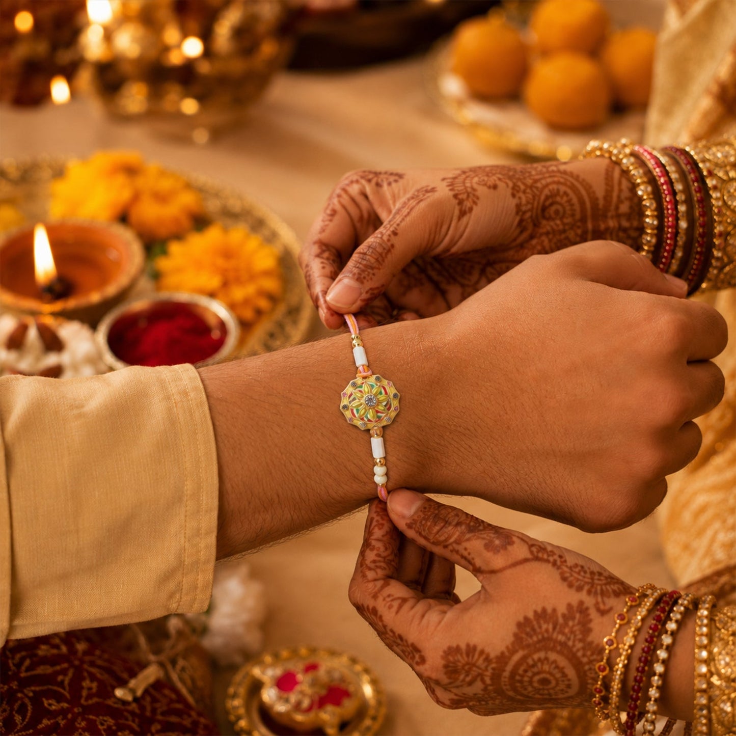 Intricate white bead detail on round Floral Rakhi, showcasing craftsmanship.