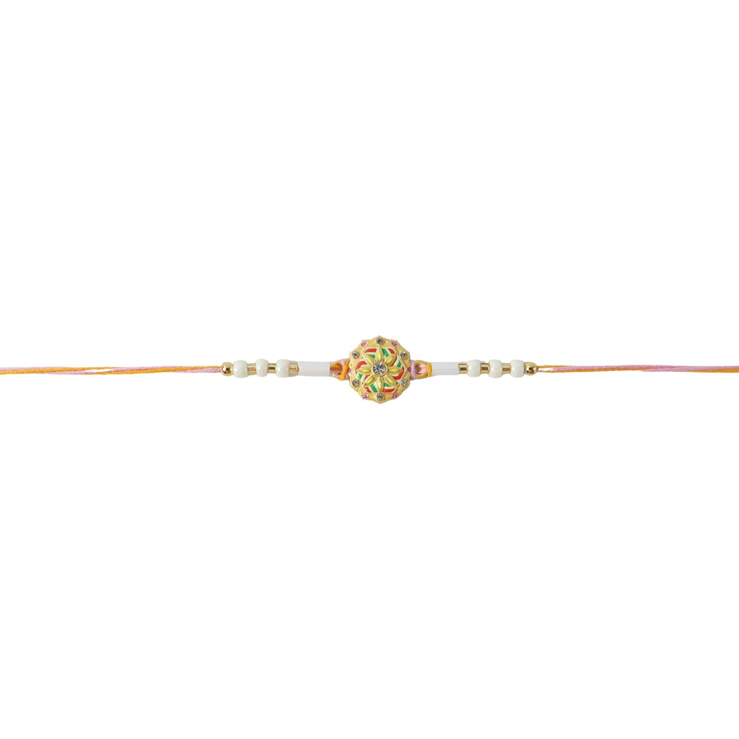 Detailed white beads on the designer Floral Rakhi.