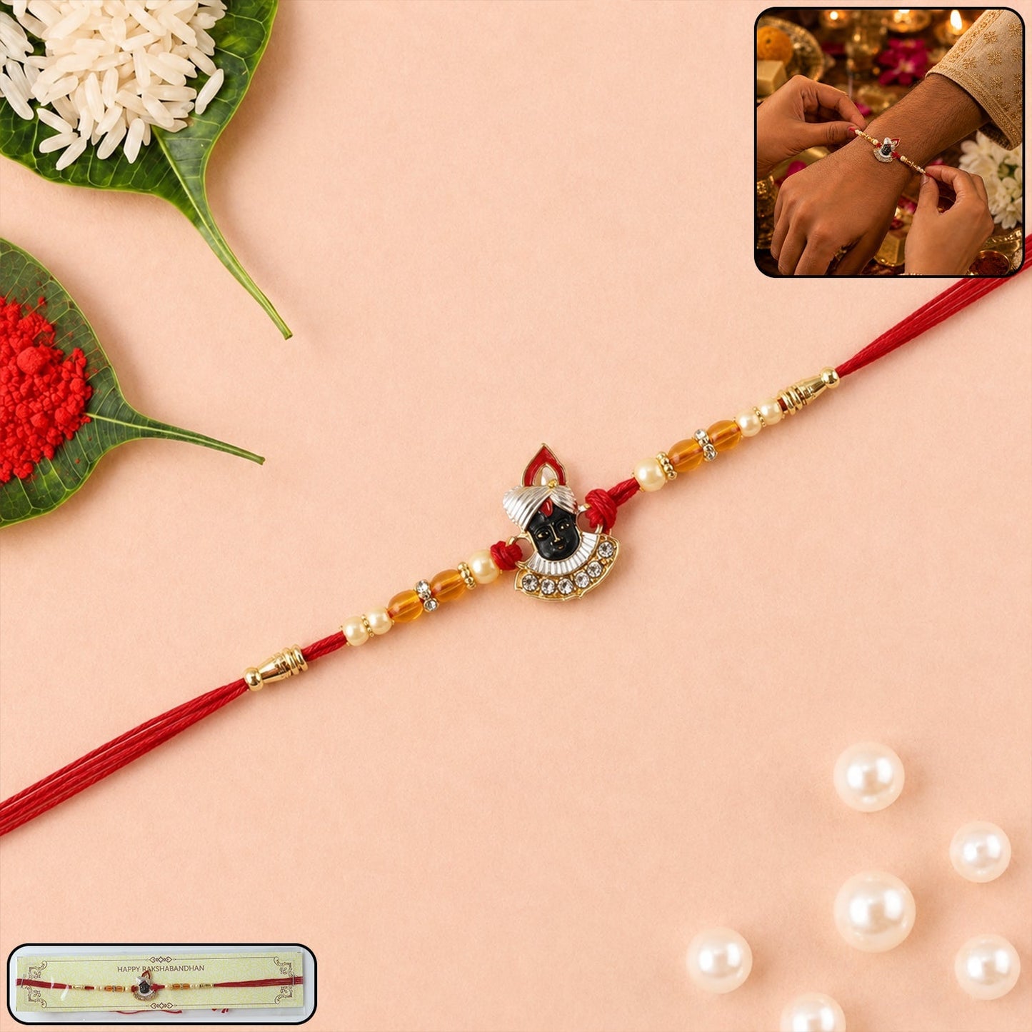 Close-up of Shrinathji Designer Rakhi with pearl beads and red thread