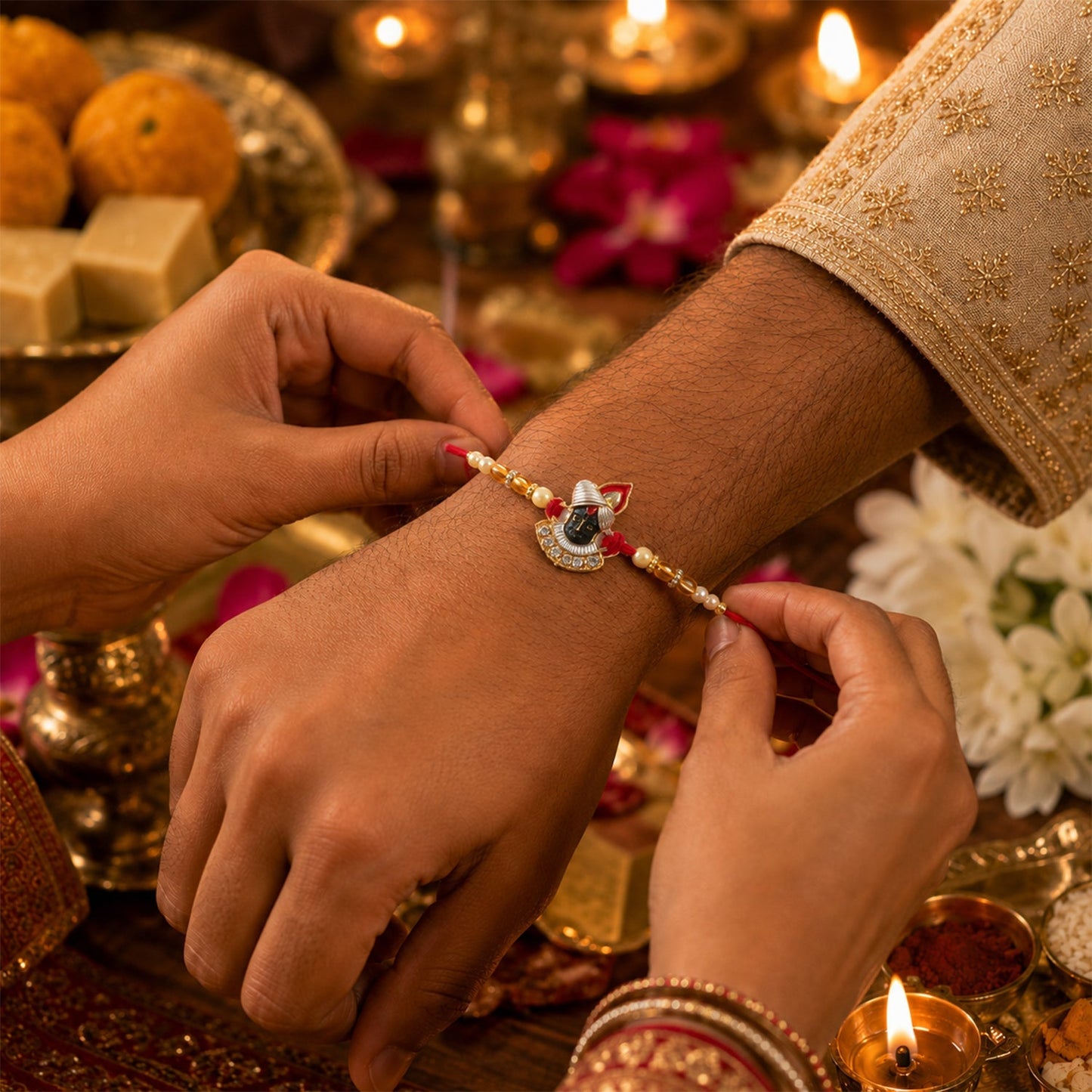 Flat lay of Shrinathji Designer Rakhi showing pearl beads and red thread