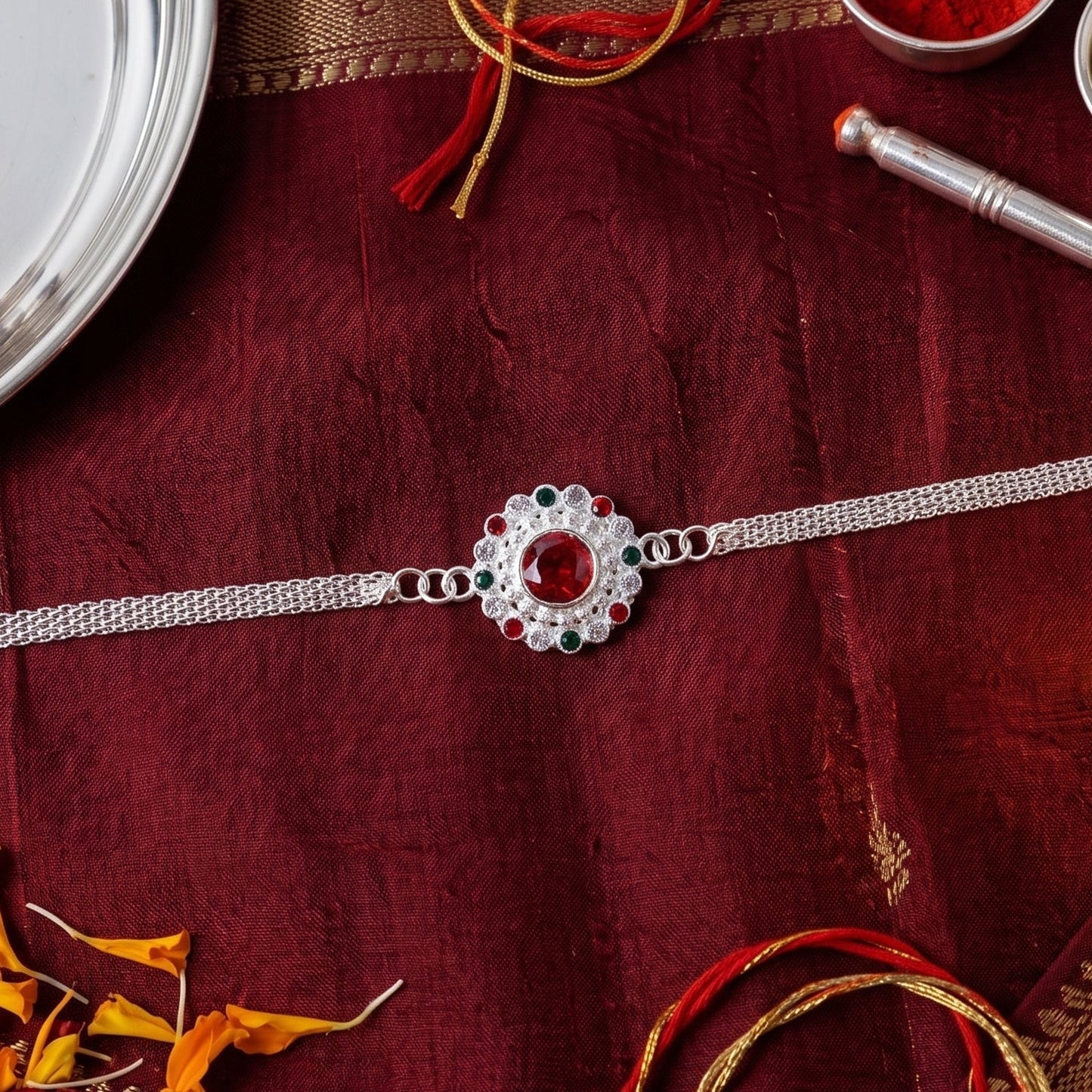 Side view of a designer Silver Stone Chain Rakhi for brothers.