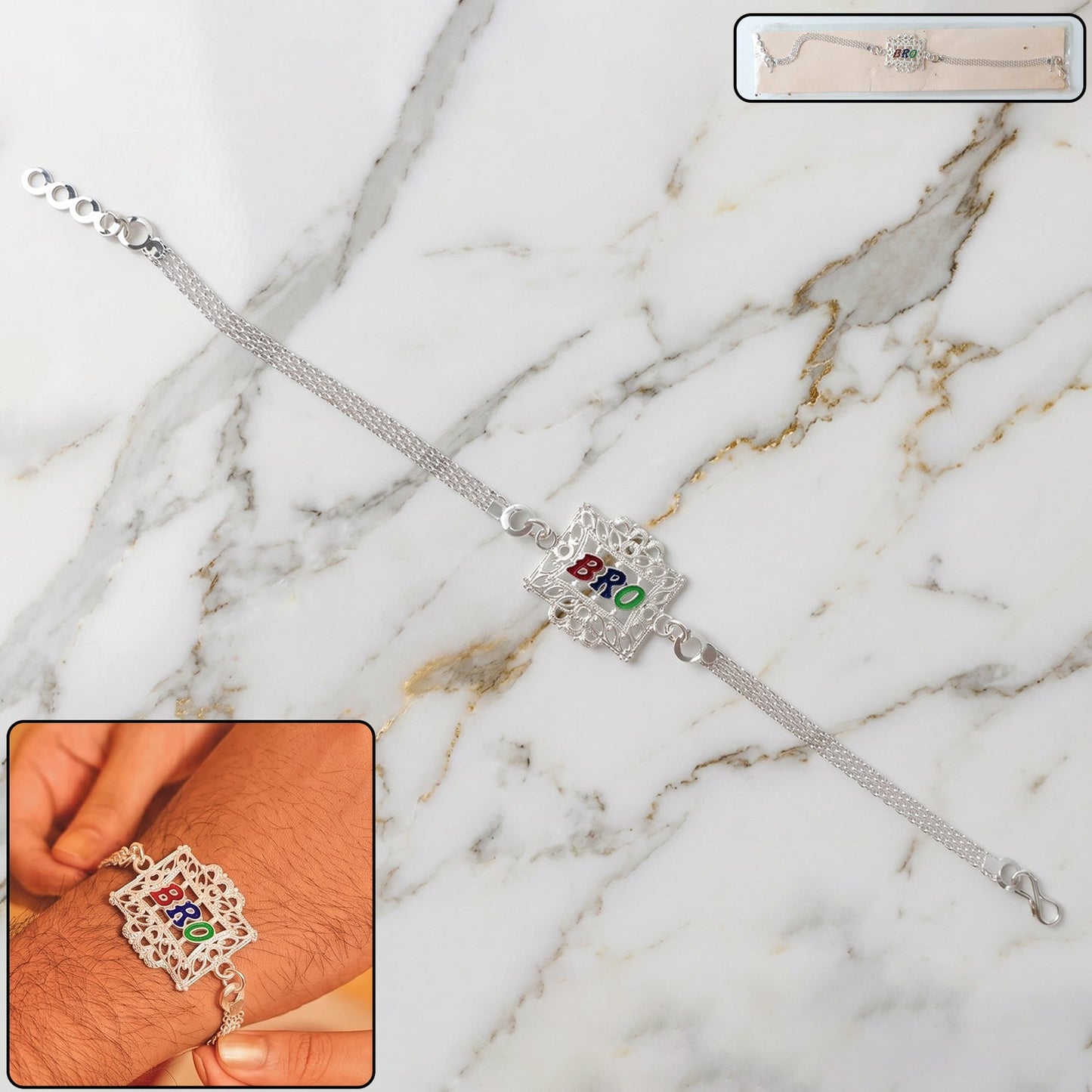 Front view of the Silver Rakhi for Brother, showcasing its unique square frame design.