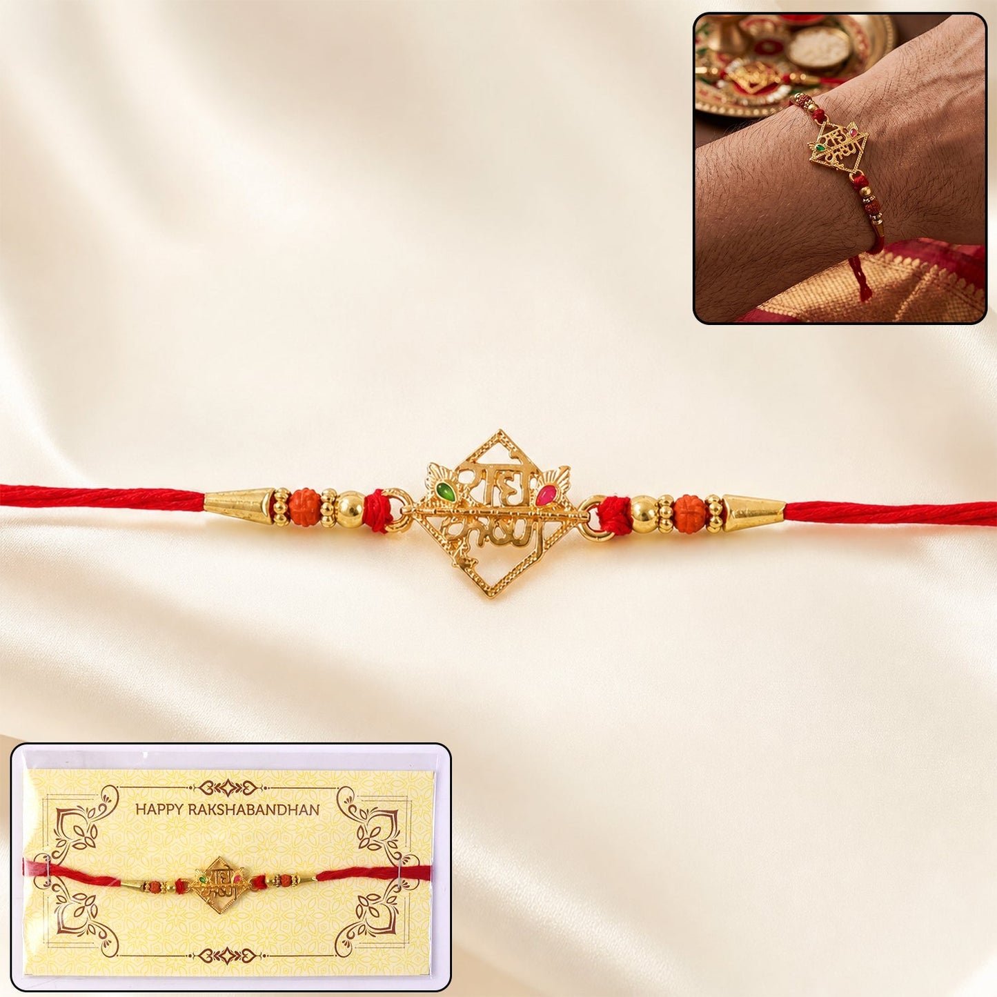 Radhe Krishna designer rakhi with red thread, front view, festive design