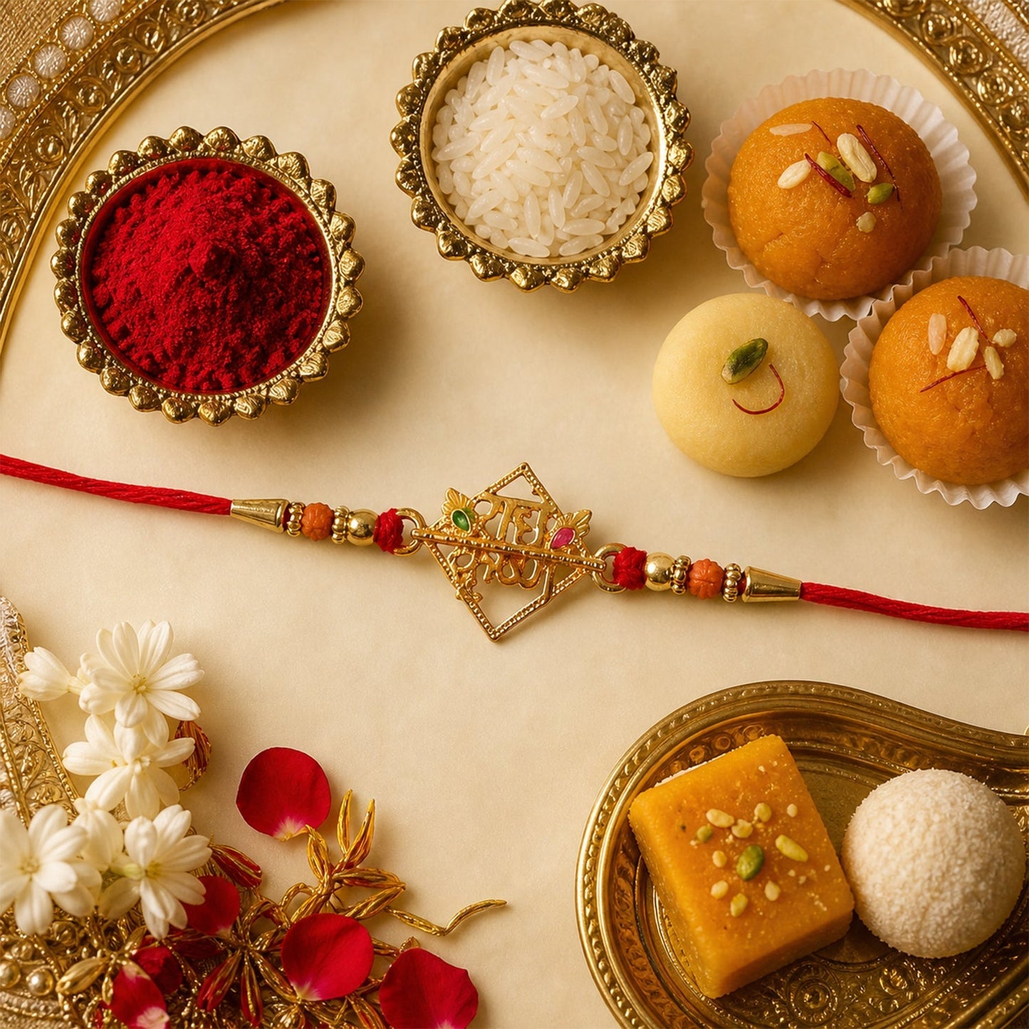 Close-up of Radhe Krishna rakhi motif, decorative detailing