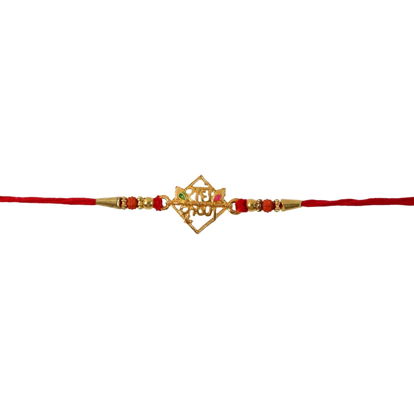 Top view of Radhe Krishna designer rakhi with red thread