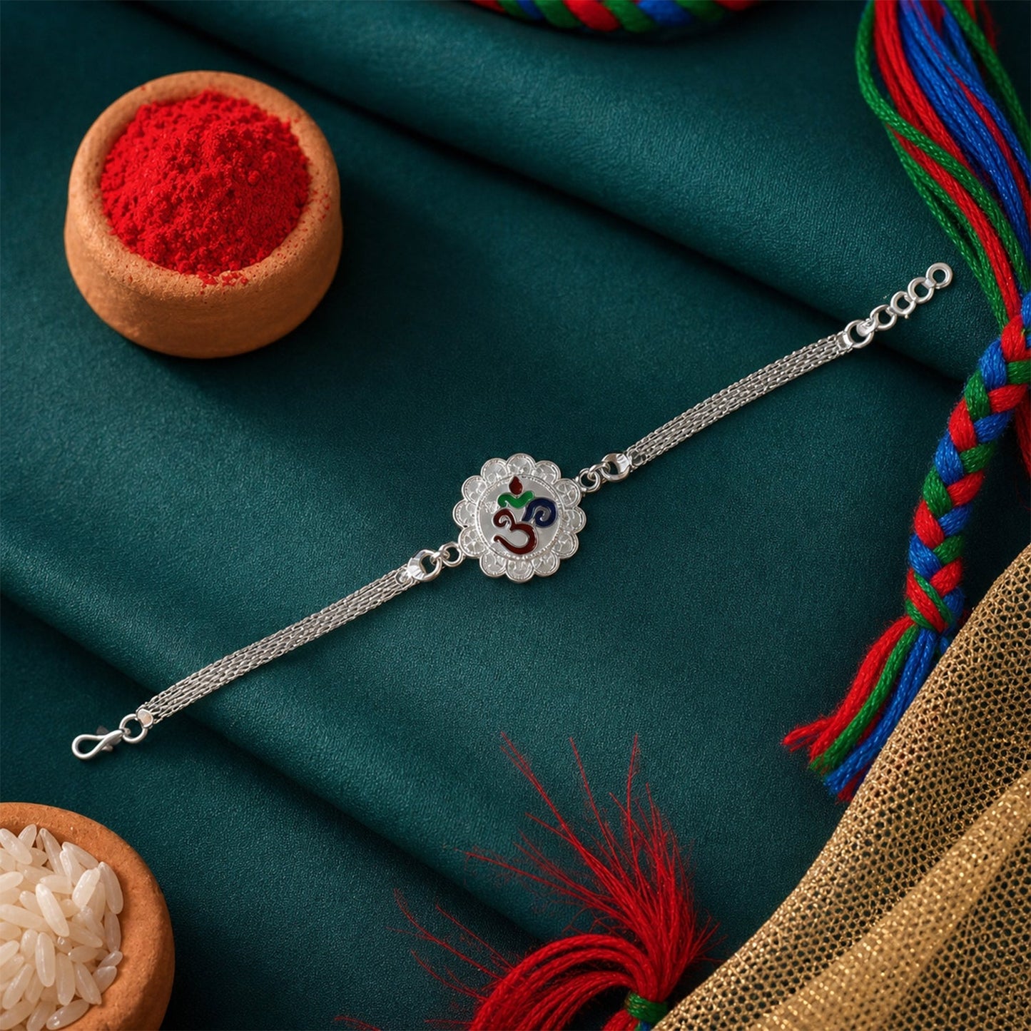 Stylish Rakhi with silver Om symbol, neat finish and elegant appeal