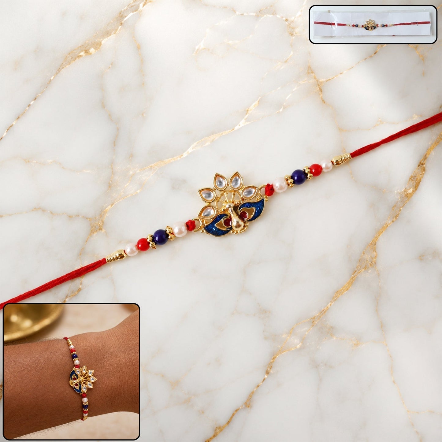 Close-up of Peacock designer rakhi with pearl beads and red thread, detailed design