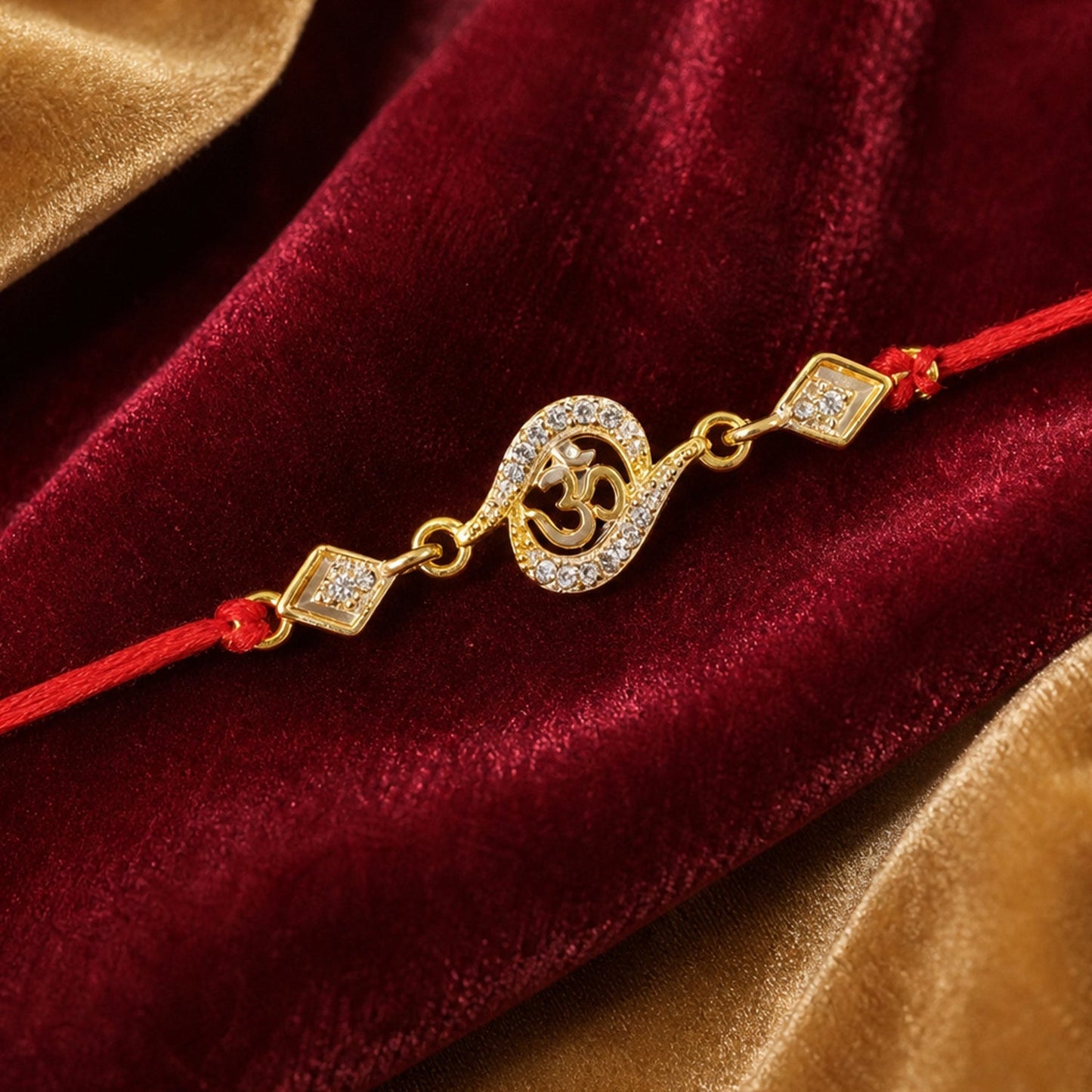 Top view of Om Rakhi showcasing intricate stone details