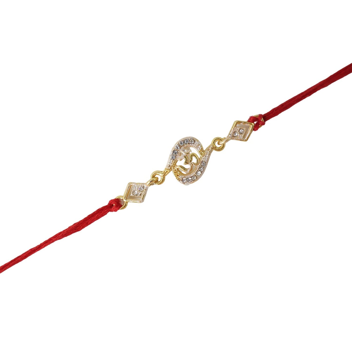 Flat lay of Om Rakhi with stone work and red thread