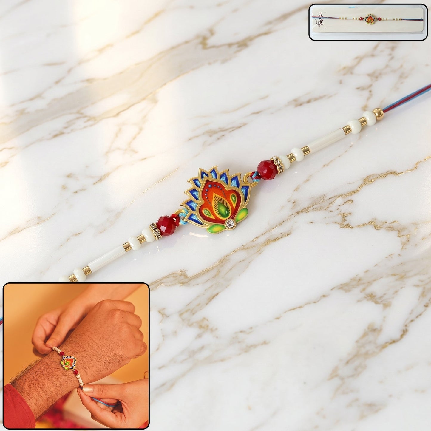 Colorful peacock feather designer rakhi with beads on white background