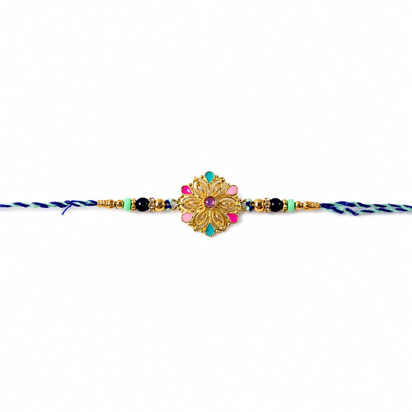 Festive floral rakhi featuring multicolor beads