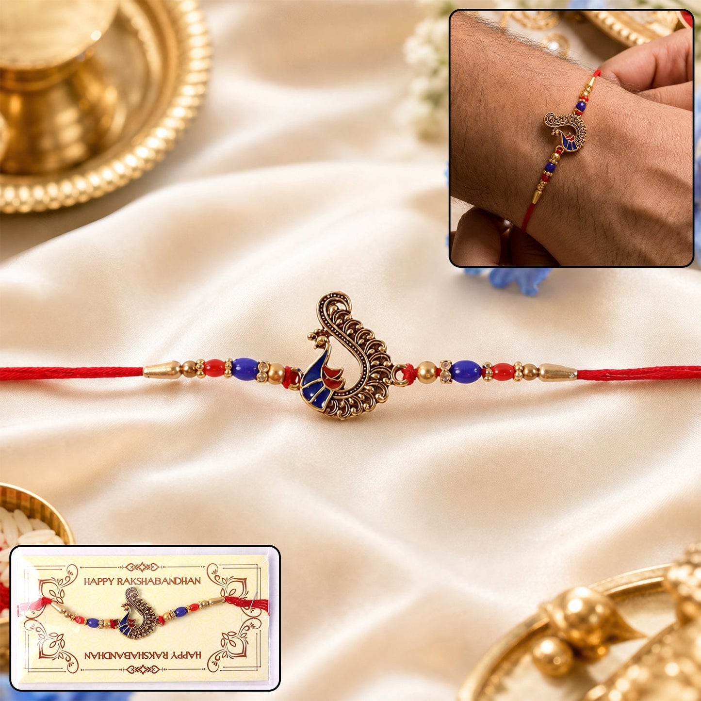 Beautiful antique peacock charm beaded rakhi for brother