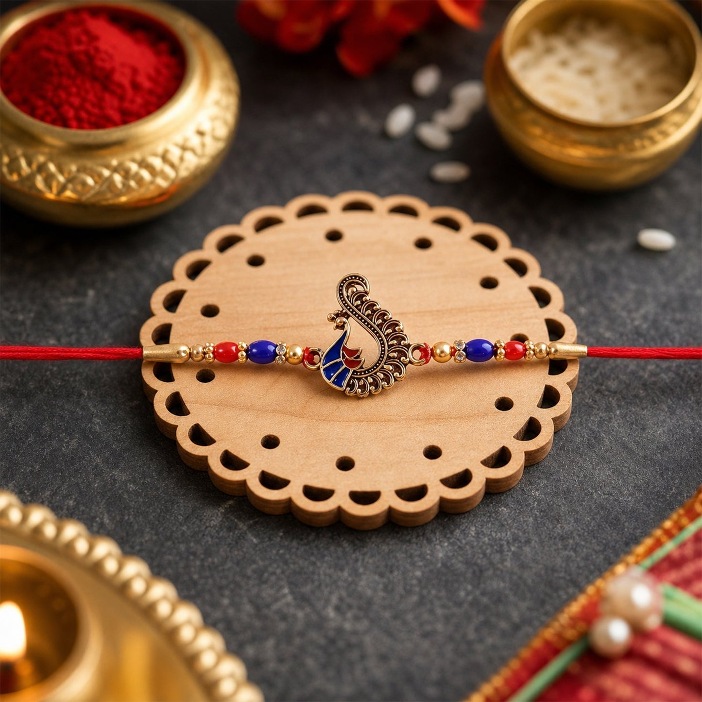 Close-up of colorful beads on peacock motif rakhi