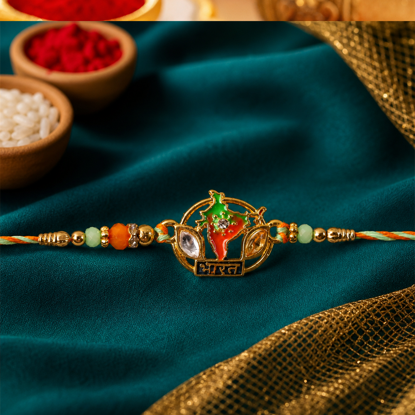 Front view of Bharat India Map Charm Beaded Rakhi with colorful beads