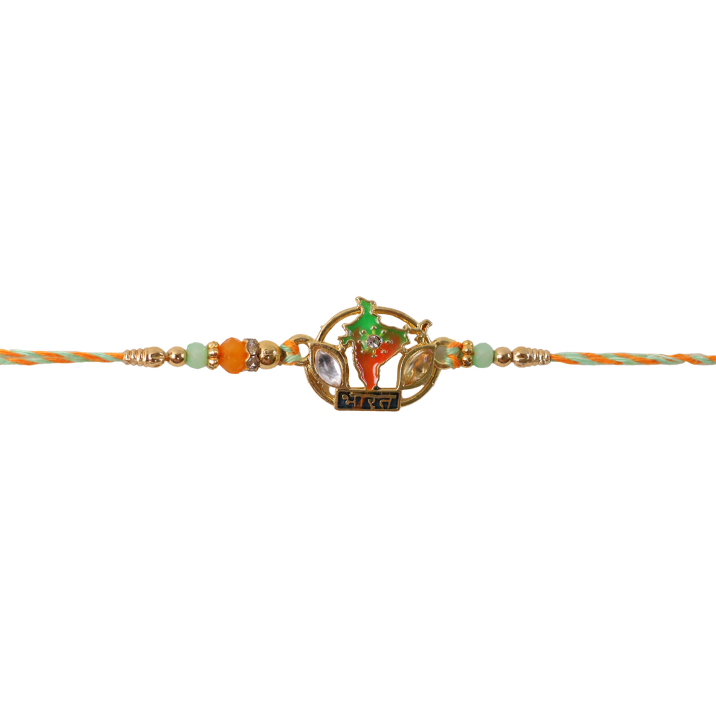 Bharat India Map Charm Rakhi tied on wrist in festive setting