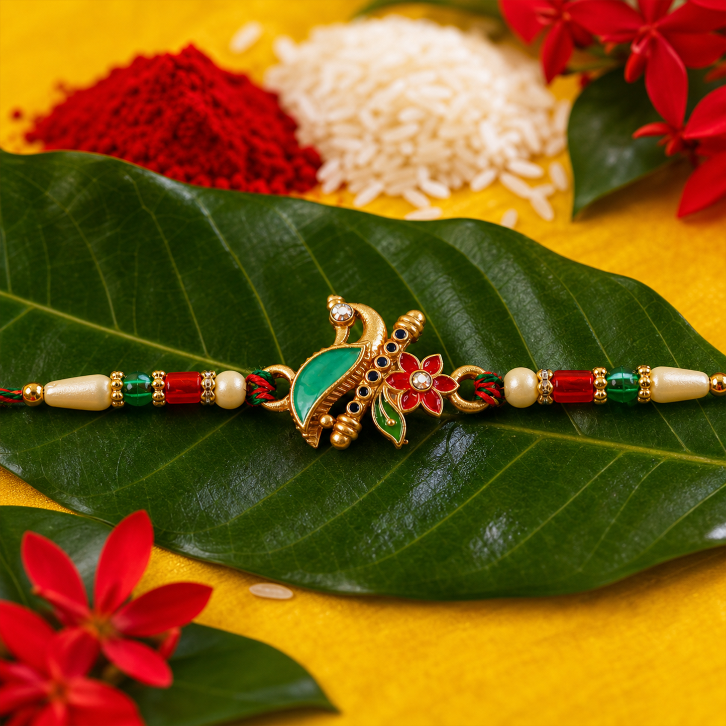 Elegant peacock floral charm rakhi with bead accents