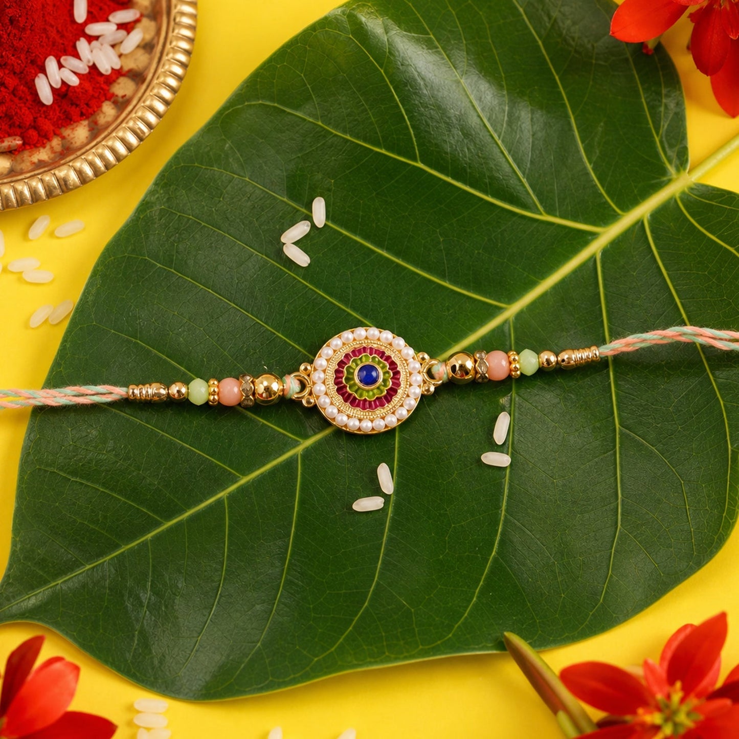 Front view of elegant pearl floral bead rakhi for brothers
