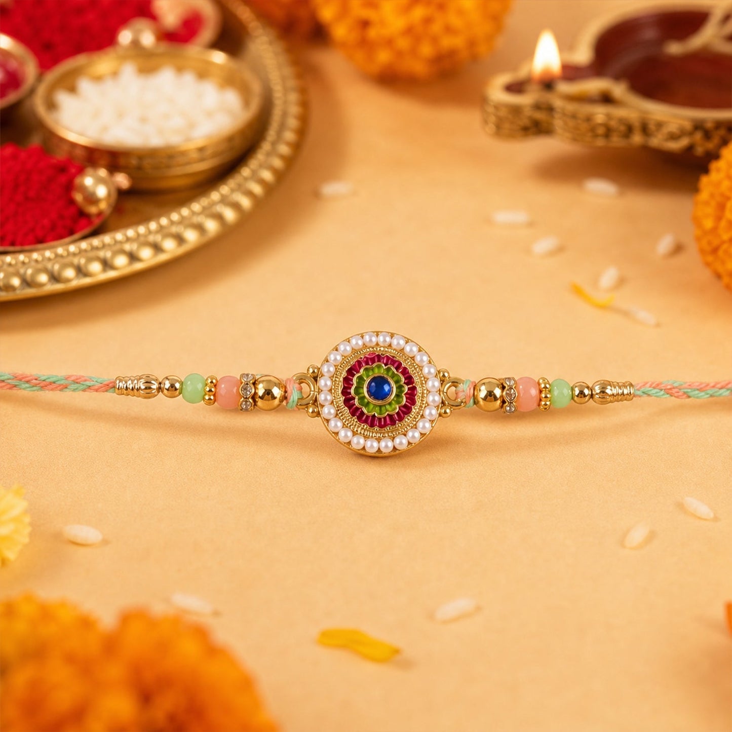 Side angle of stylish pearl floral beaded rakhi