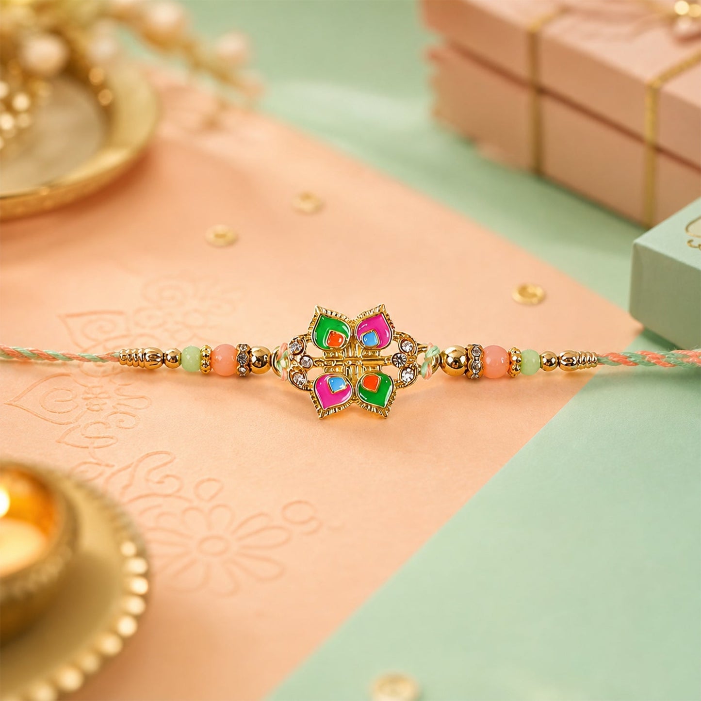 Close-up of floral motifs and beads on colorful rakhi