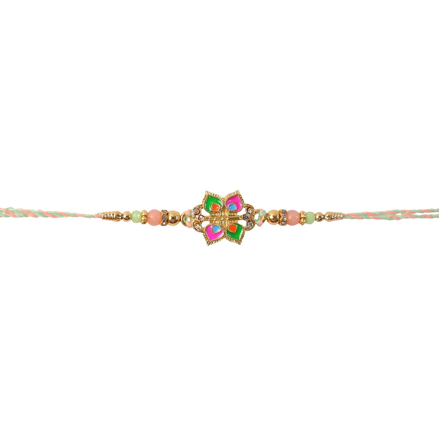 Detailed view of beads and floral design on rakhi