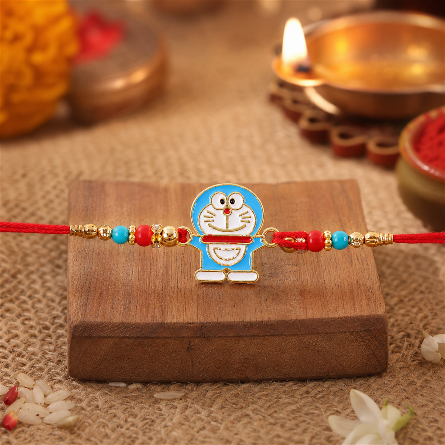 Top view of blue character rakhi with beads for Raksha Bandhan