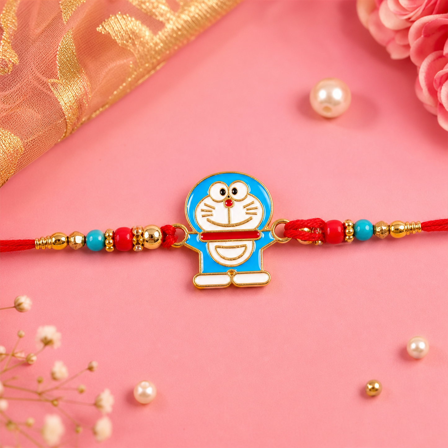 Side view of stylish blue character rakhi with beads