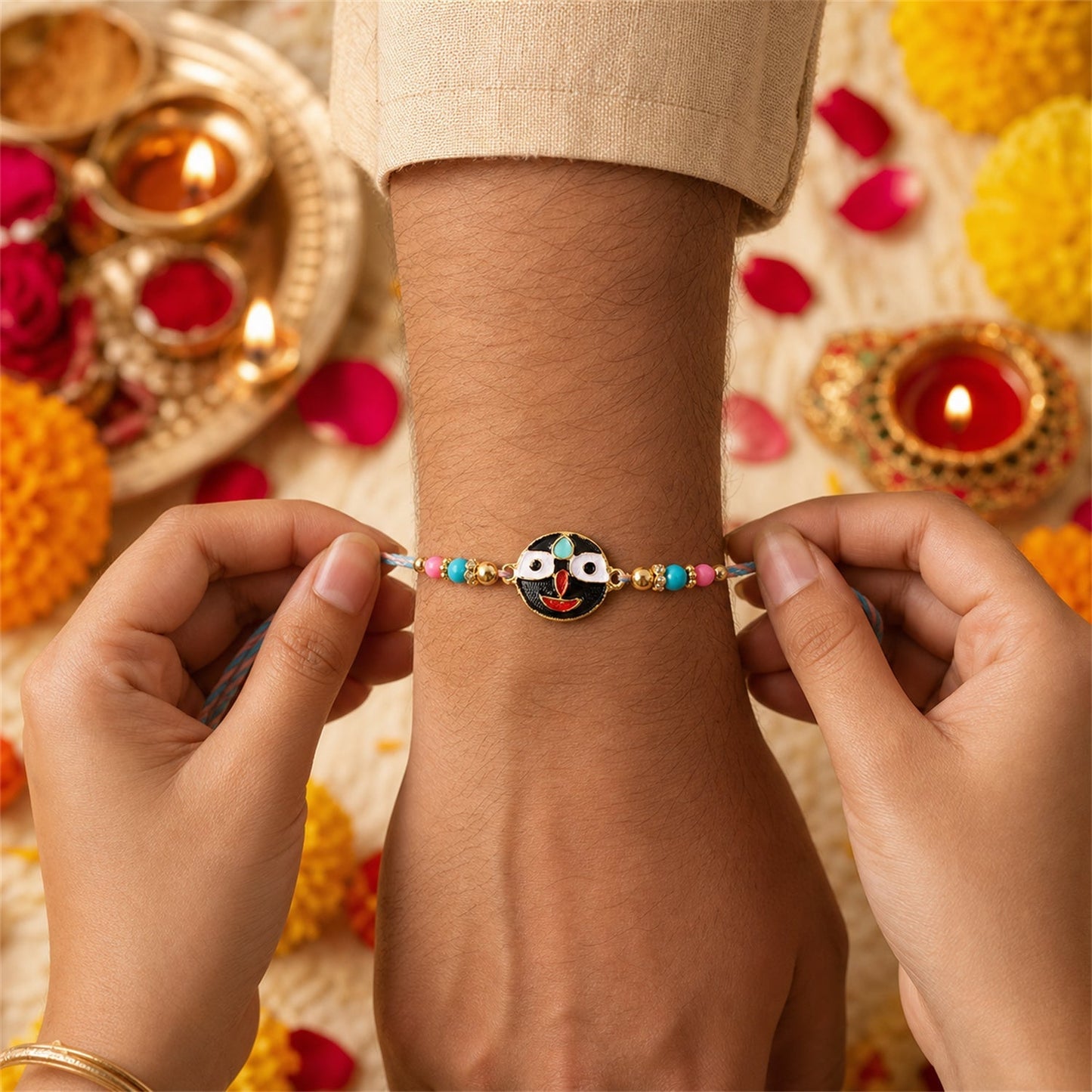 Close-up of deity face charm and beads on festive rakhi