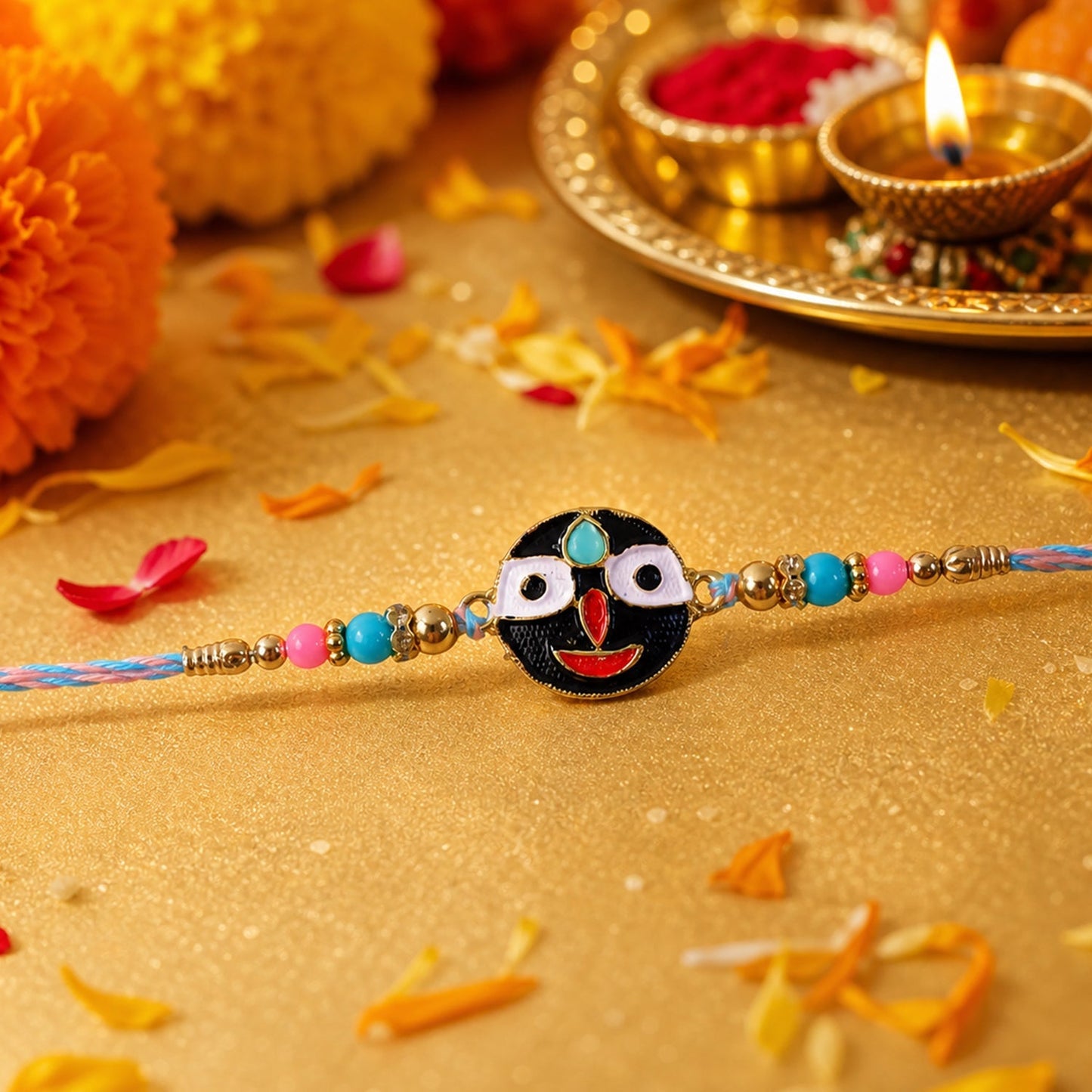 Traditional colorful rakhi with deity face and beads for Raksha Bandhan
