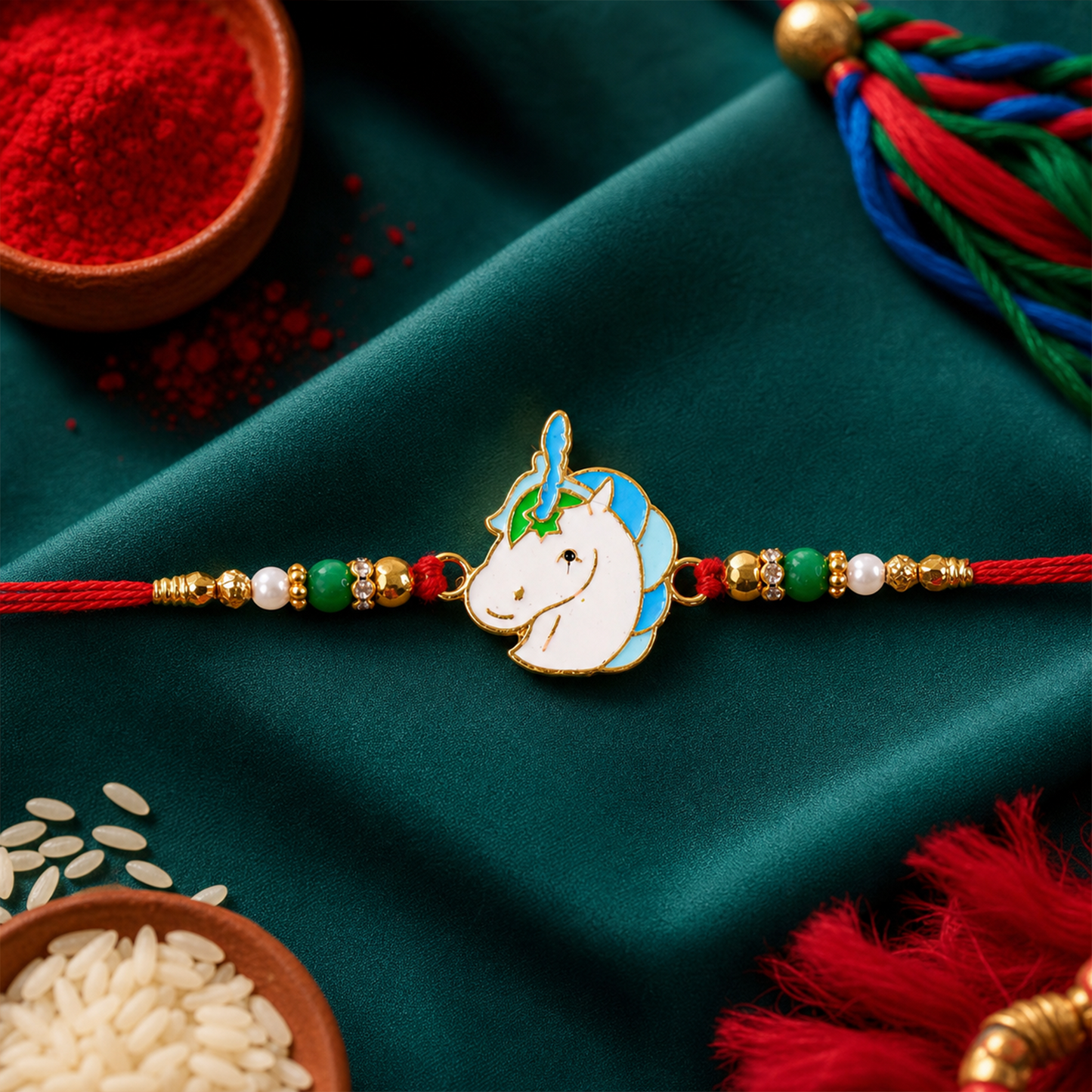 Cute unicorn beaded rakhi on white background