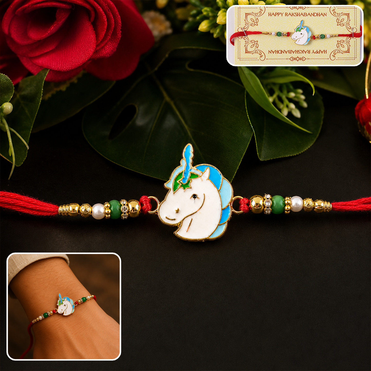 Colorful beaded unicorn charm rakhi for brothers
