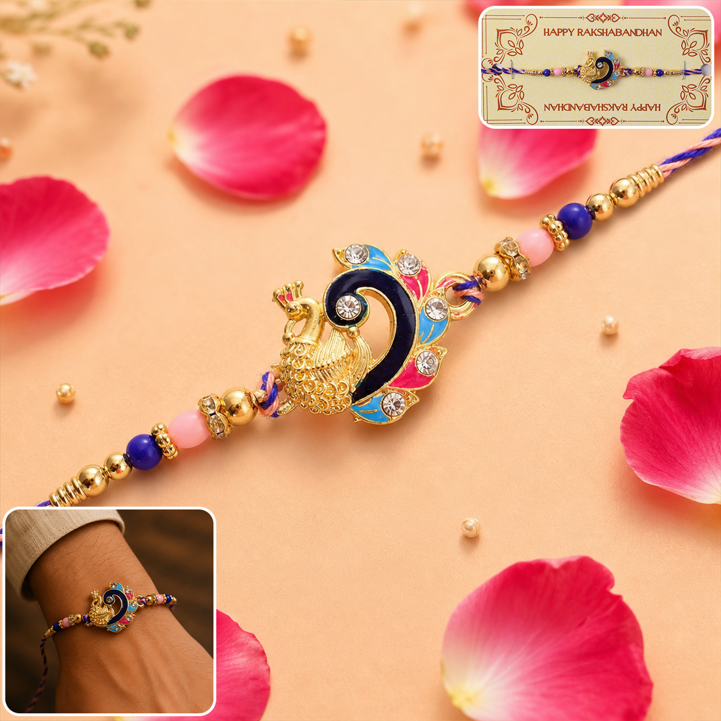 Blue enamel peacock charm rakhi with decorative thread