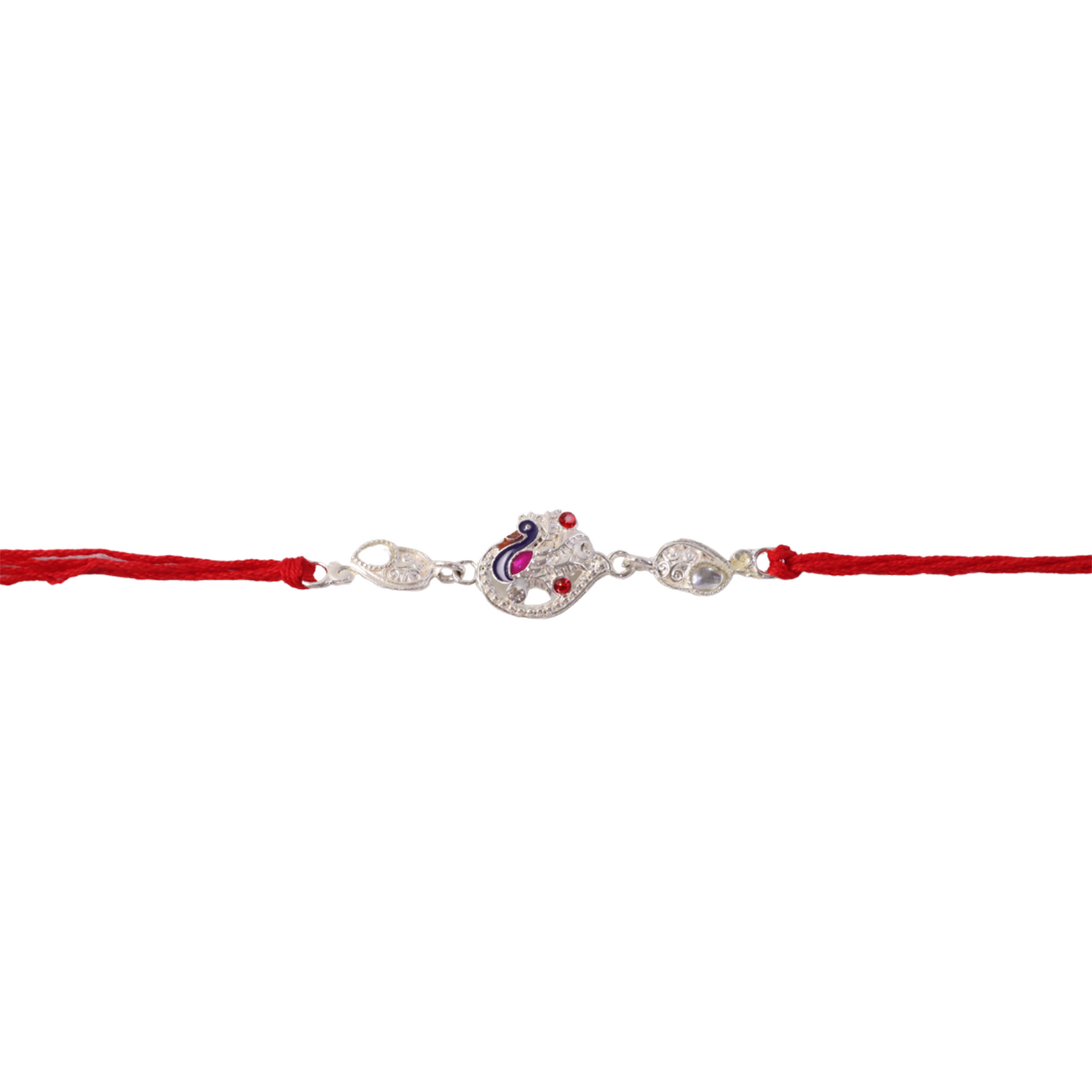 Elegant silver peacock Rakhi and red thread display
