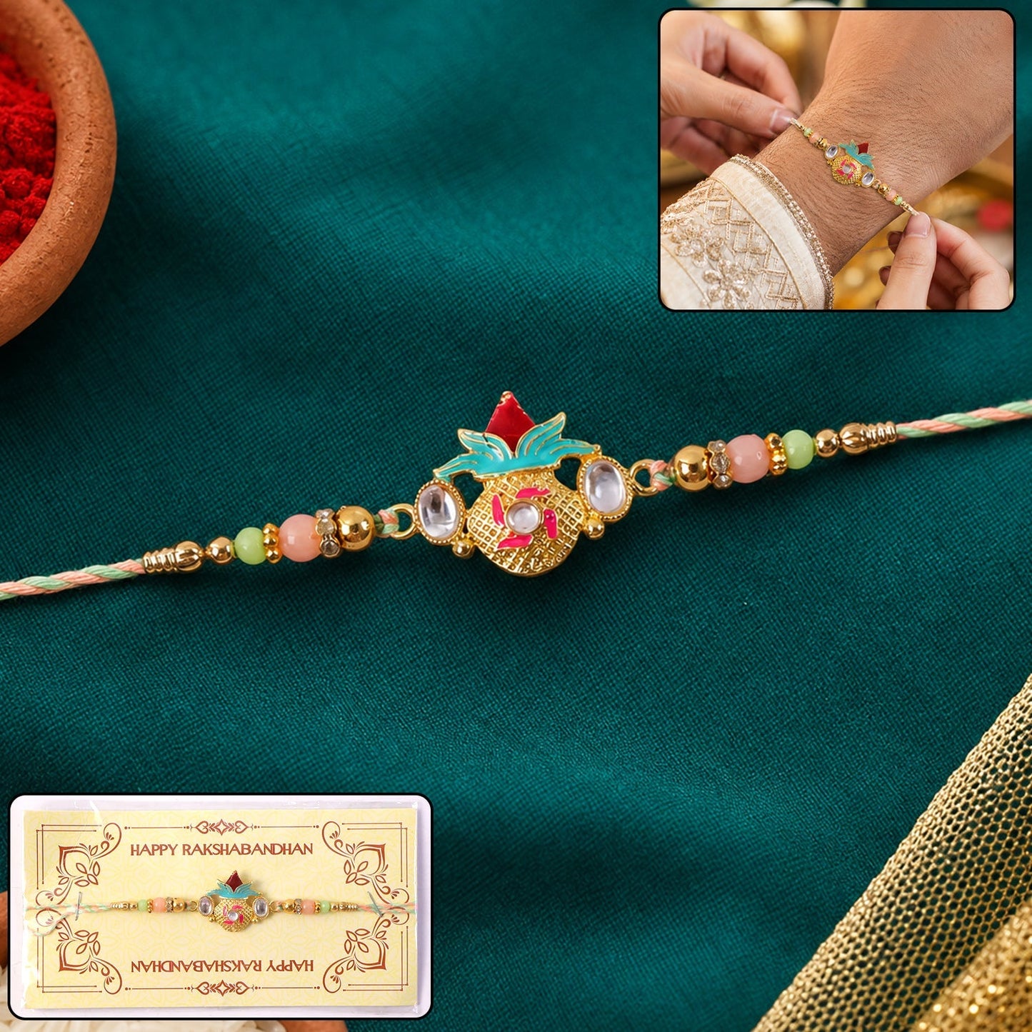 Close-up of Kalash Kundan Rakhi with beads and traditional charm