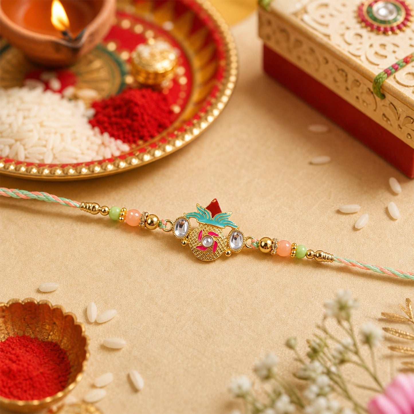 Kalash Kundan Rakhi tied around a wrist with decorative charm