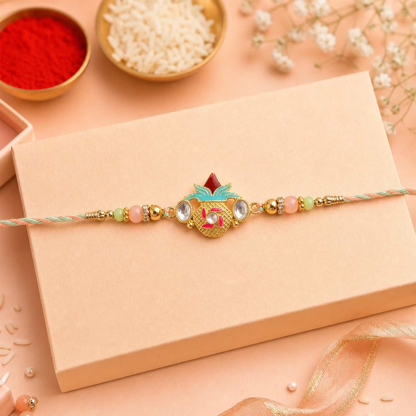Traditional Kalash Kundan Rakhi with colorful beads and charm