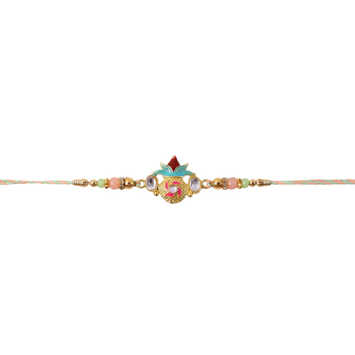 Festive Rakhi with Kalash motif and vibrant beads