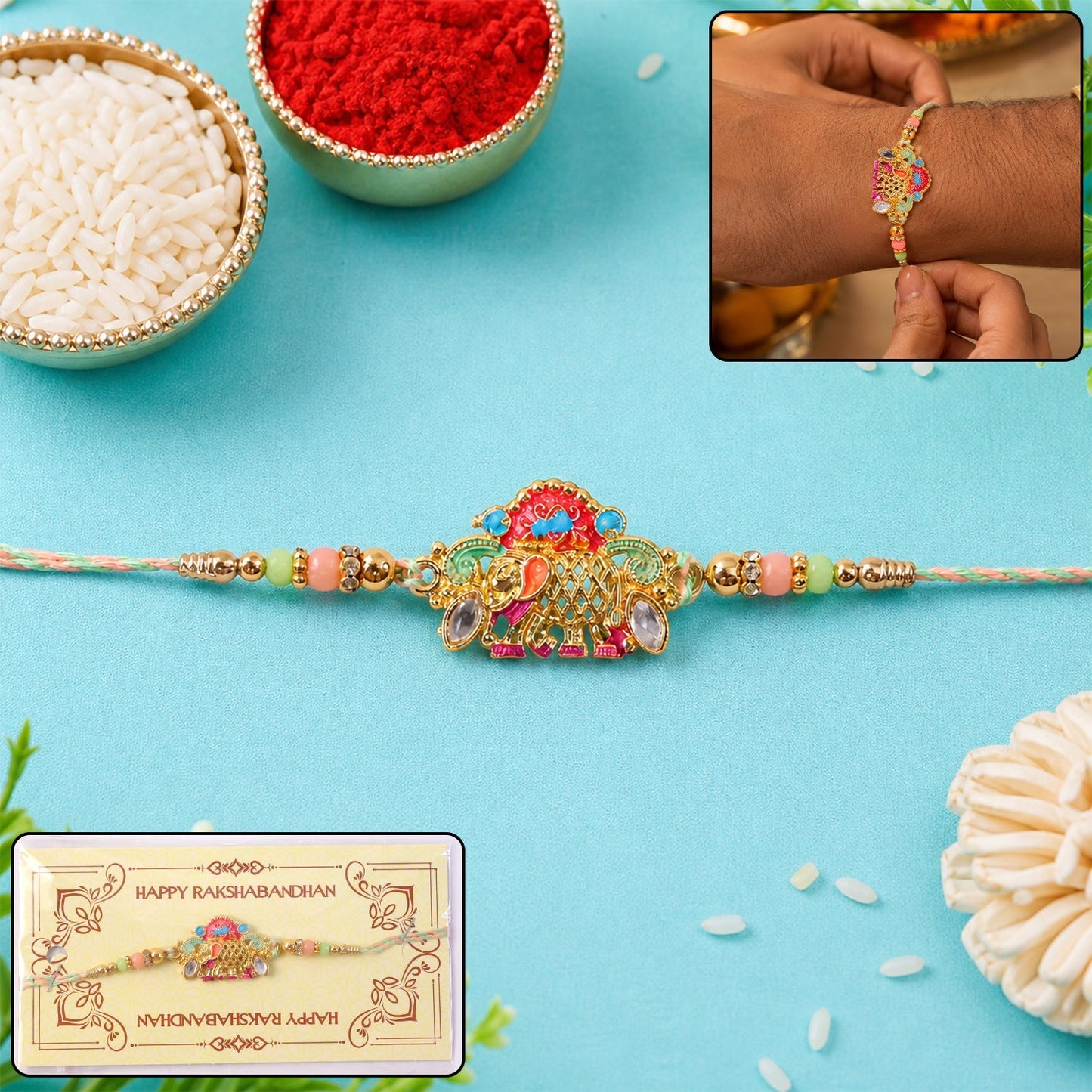 Close-up of colorful elephant charm with beads on rakhi thread