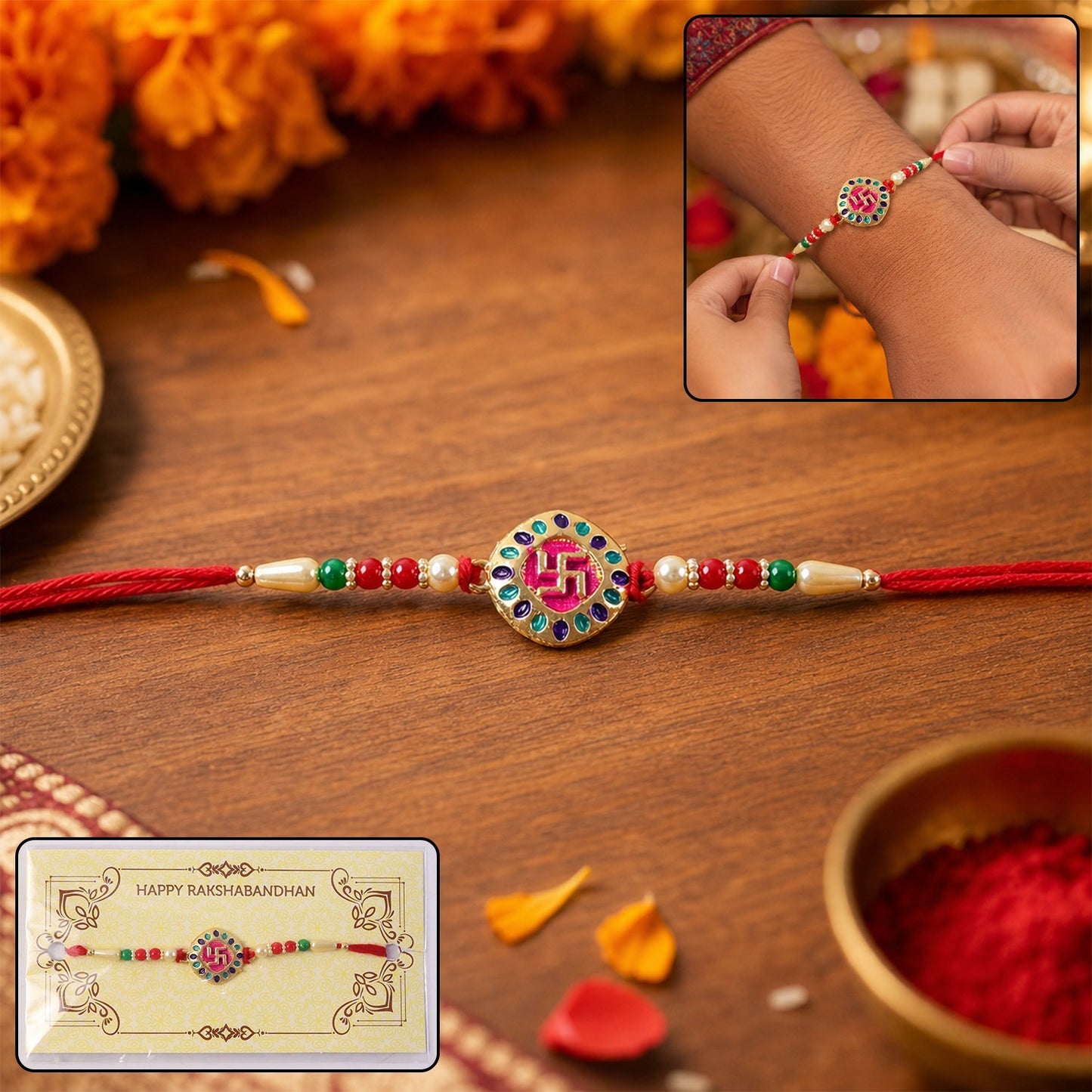 Auspicious Swastik charm beaded rakhi with red thread for brother