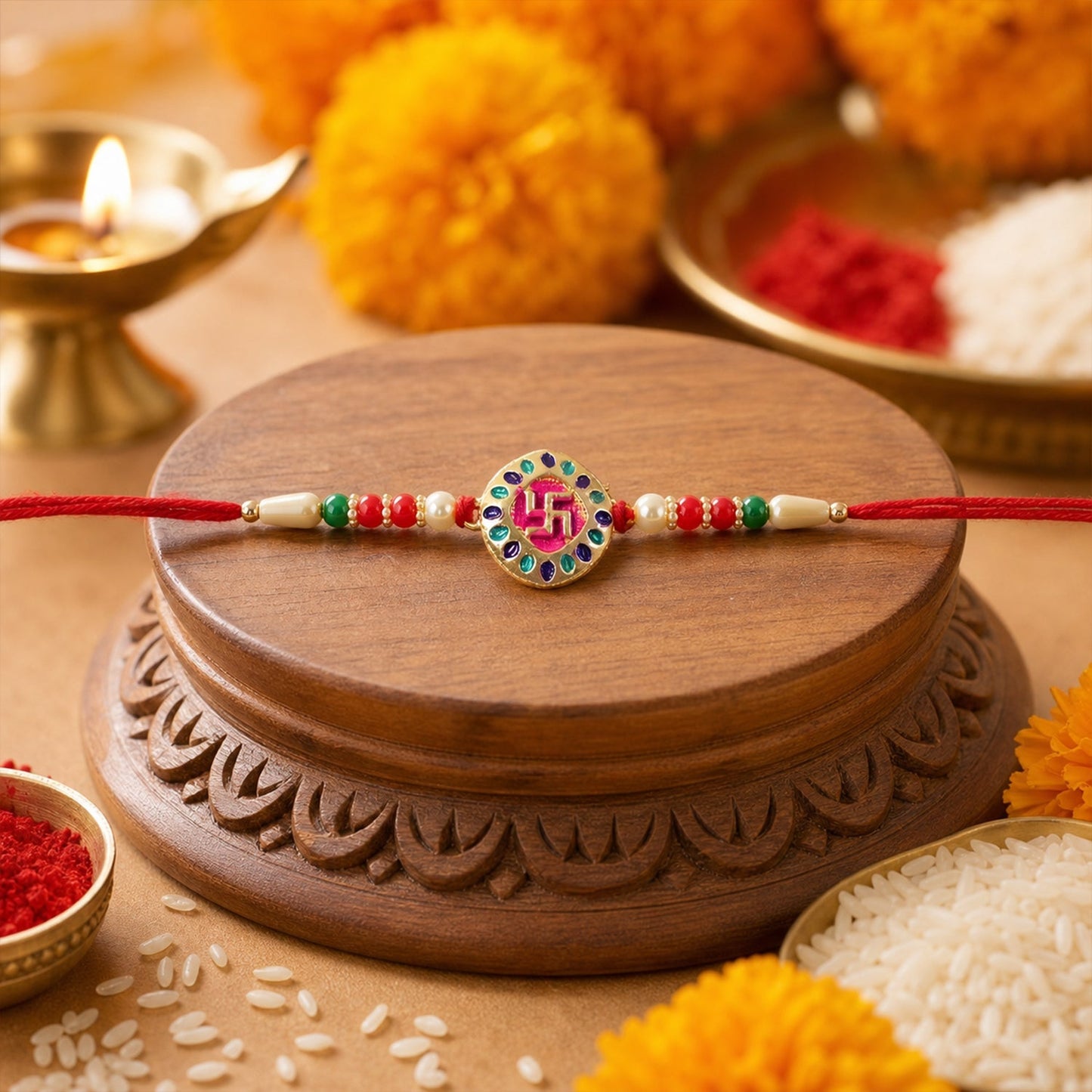 Designer beaded rakhi with swastik symbol on red thread