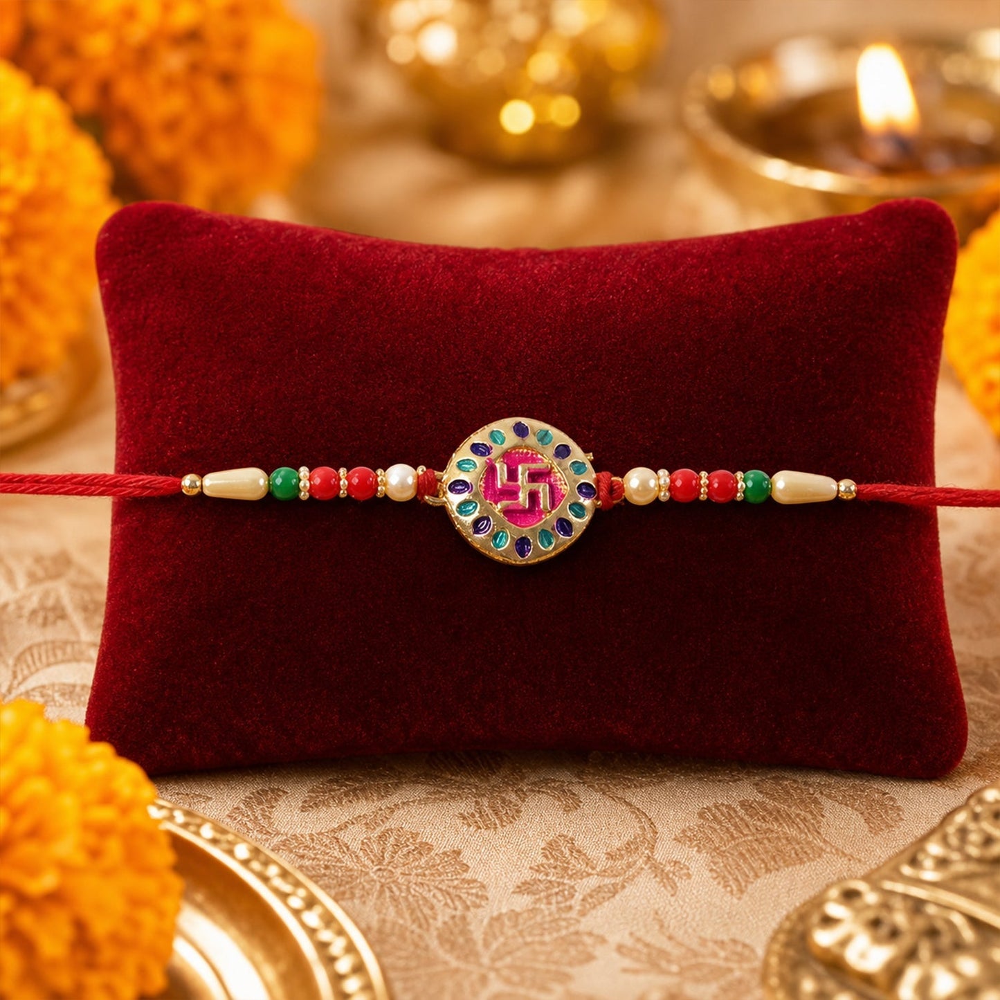 Stylish rakhi with swastik charm and decorative beads