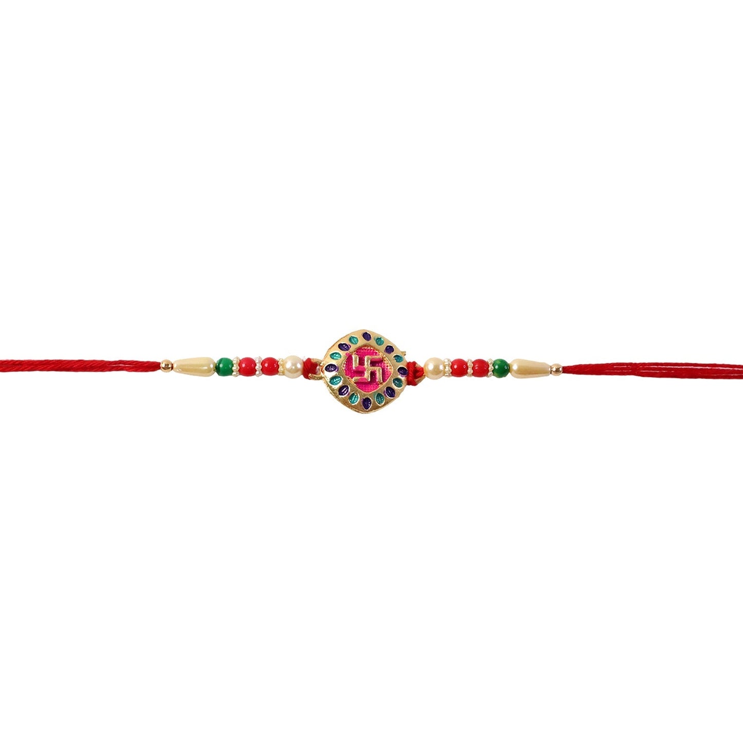 Festive swastik rakhi with beads and vibrant colors