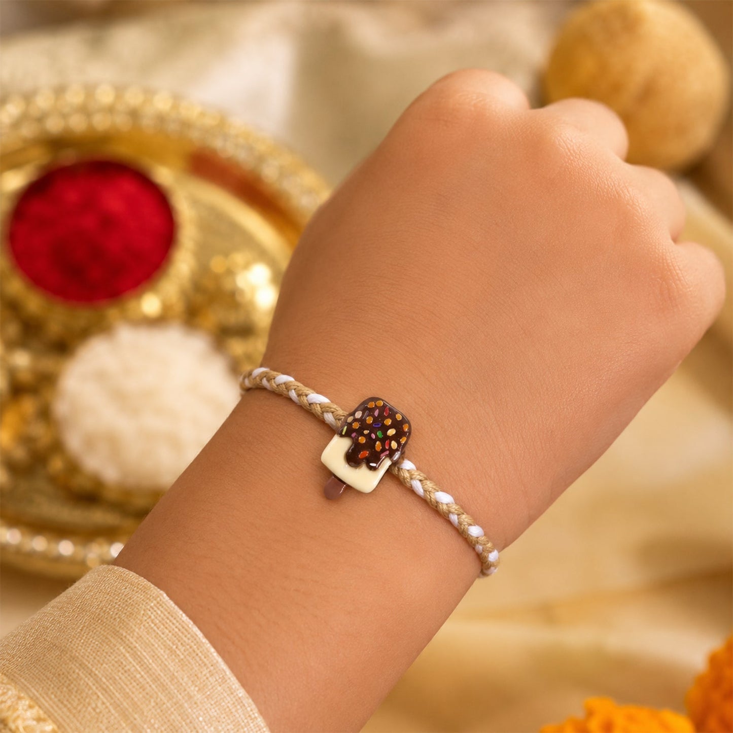 Close-up of Chocolate Ice Cream Rakhi detail and finishing
